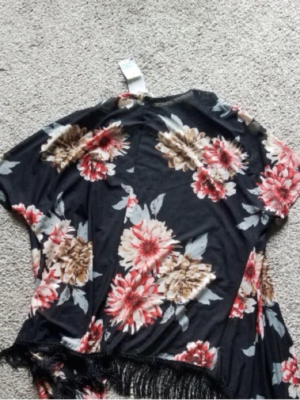 Siren Lily Black Floral Fringe Kimono with Red and Cream Blooms - Picture 4 of 7